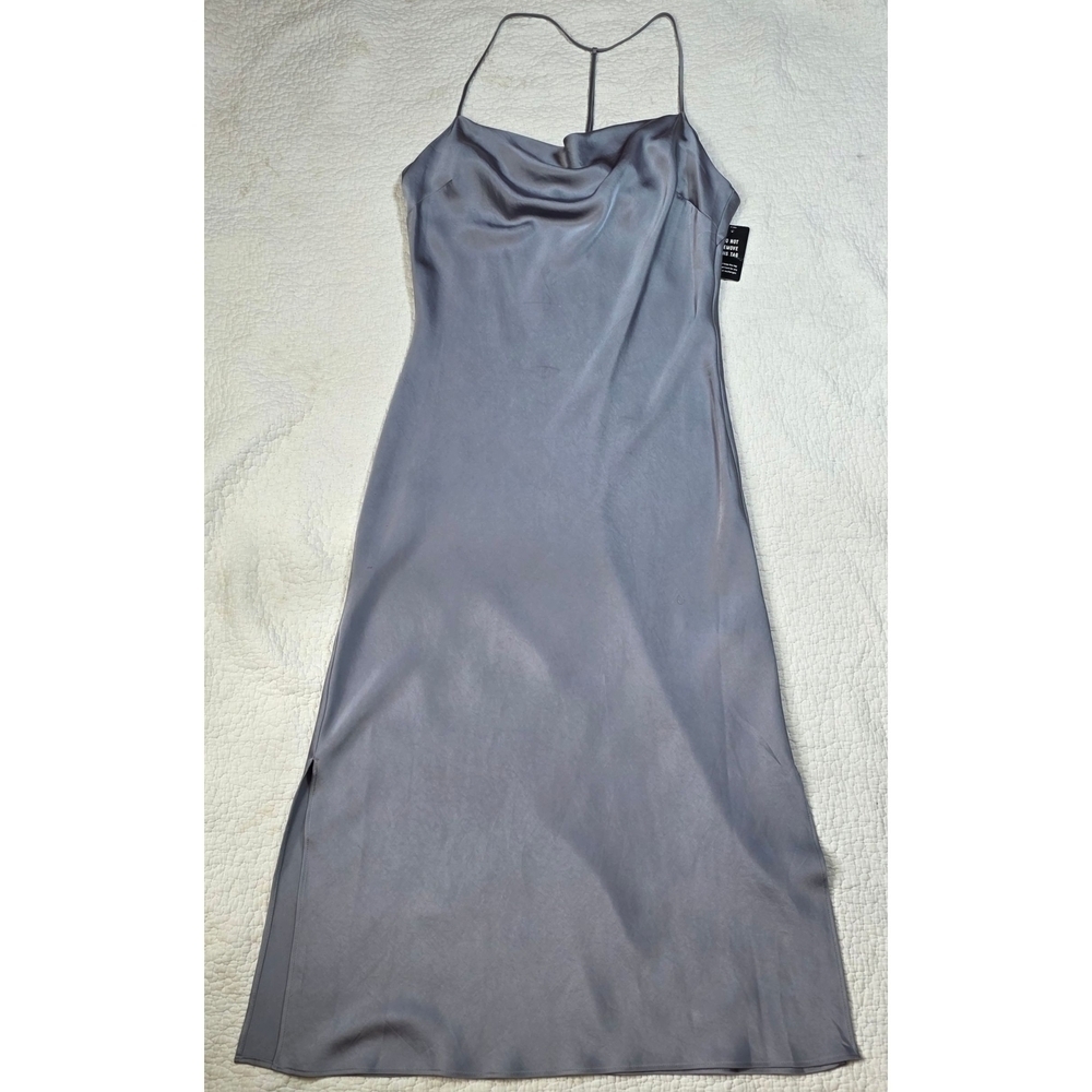 NWT Express Elegant Gray Satin Cowl Neck Spaghetti Strap Midi Dress